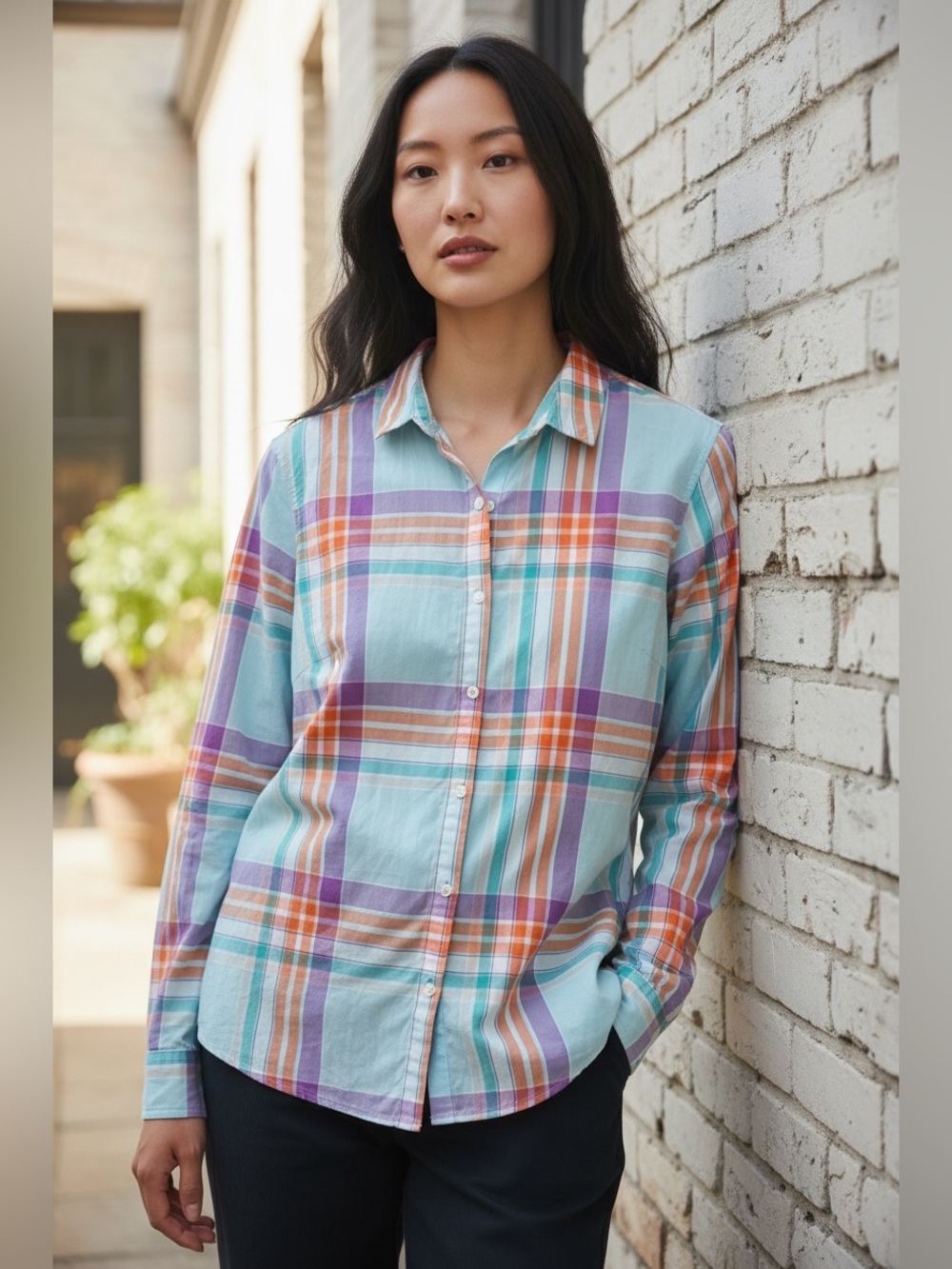 J. McLaughlin Plaid Button-Down Shirt in Light Blue, Purple & Orange